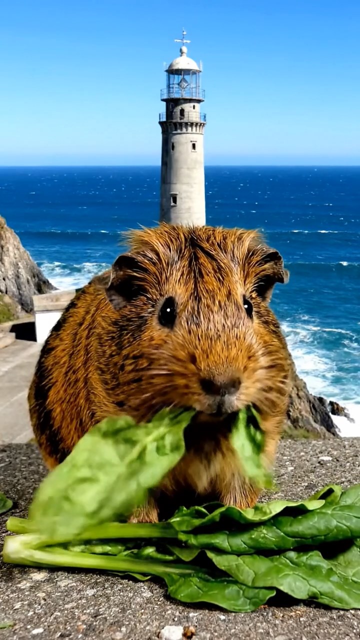 951. Highly detailed view of 1 smooth-haired Himalayan guinea pig with White fur, munching bell peppers with careful bites, in a vibrant vegetable garden, under bright sunlight, creating a realistic, colorful scene.