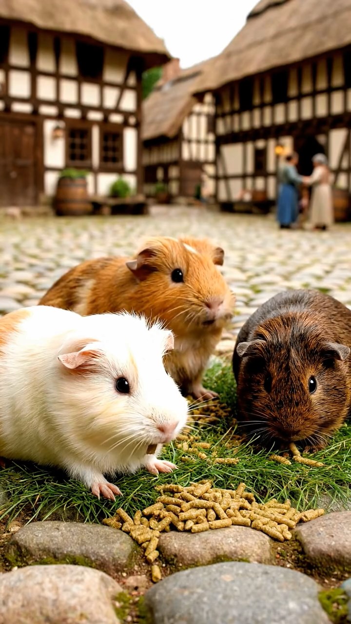954. Photorealistic scene of 4 smooth-haired Teddy guinea pigs with Fawn, Chocolate, Cinnamon, and Sable fur, dressed as librarians in tiny glasses, shelving books with care, in a guinea pig library, under soft lamplight, capturing a realistic, cozy moment.