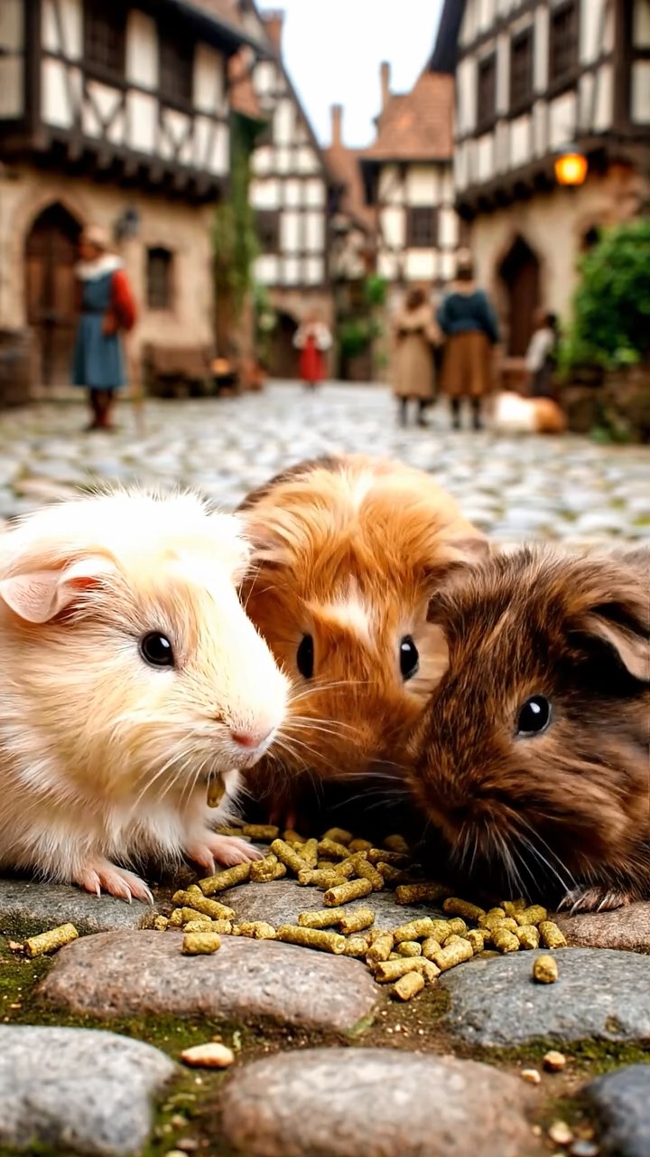 954. Photorealistic scene of 4 smooth-haired Teddy guinea pigs with Fawn, Chocolate, Cinnamon, and Sable fur, dressed as librarians in tiny glasses, shelving books with care, in a guinea pig library, under soft lamplight, capturing a realistic, cozy moment.