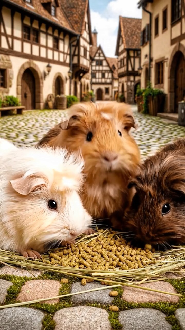 954. Photorealistic scene of 4 smooth-haired Teddy guinea pigs with Fawn, Chocolate, Cinnamon, and Sable fur, dressed as librarians in tiny glasses, shelving books with care, in a guinea pig library, under soft lamplight, capturing a realistic, cozy moment.
