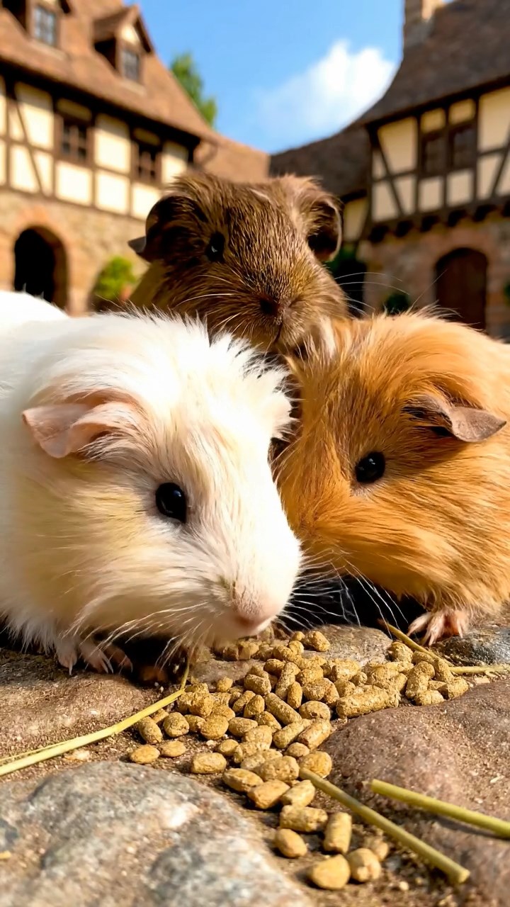 954. Photorealistic scene of 4 smooth-haired Teddy guinea pigs with Fawn, Chocolate, Cinnamon, and Sable fur, dressed as librarians in tiny glasses, shelving books with care, in a guinea pig library, under soft lamplight, capturing a realistic, cozy moment.