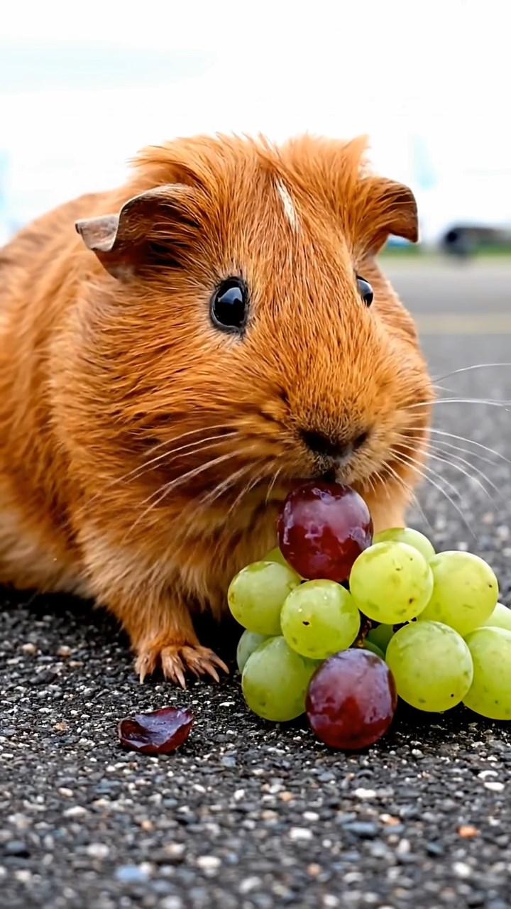 955. Highly detailed view of 5 smooth-haired Himalayan guinea pigs with White, Orange, Gray, Black, and Brown fur, foraging herbs with precise nibbles, in a lush meadow, under soft morning light, creating a realistic, serene scene.