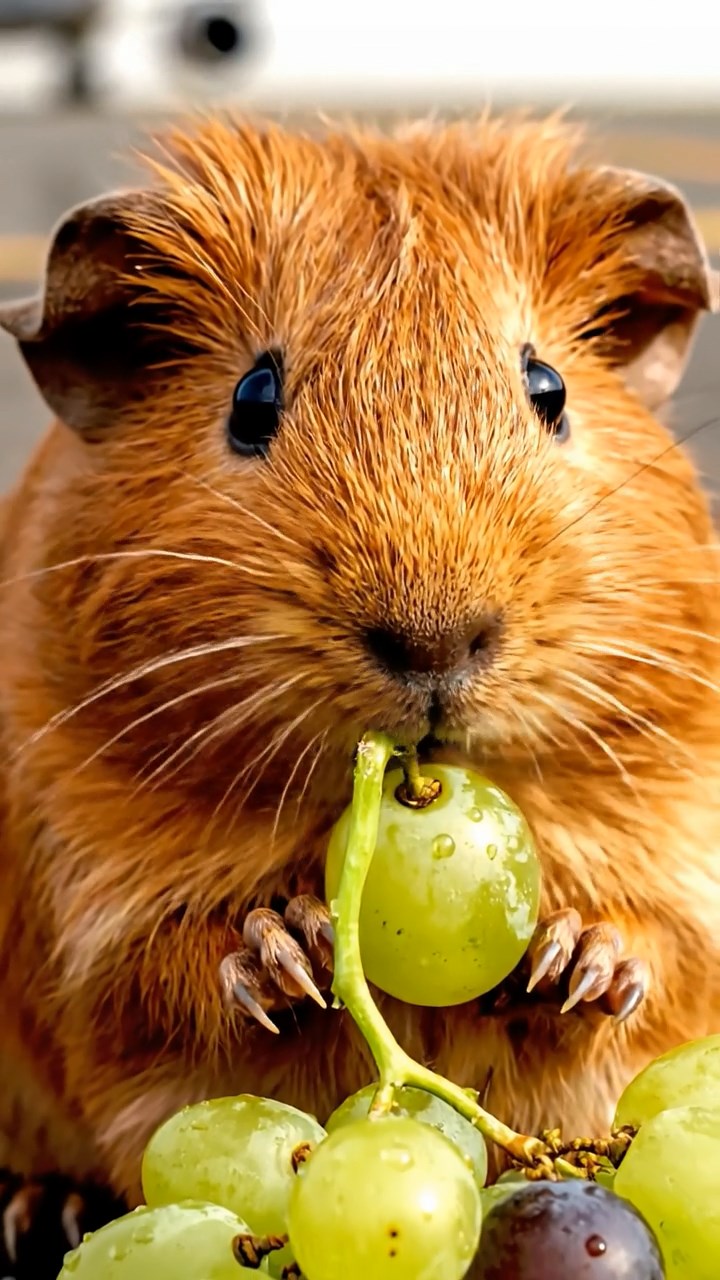 955. Highly detailed view of 5 smooth-haired Himalayan guinea pigs with White, Orange, Gray, Black, and Brown fur, foraging herbs with precise nibbles, in a lush meadow, under soft morning light, creating a realistic, serene scene.