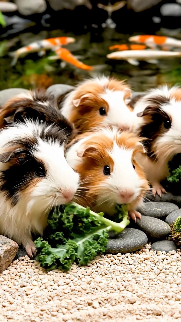 956. Realistic scene of 1 smooth-haired Californian guinea pig with Cream fur, nibbling strawberries gently, in a fragrant rose garden, under warm sunlight, capturing a vivid, lifelike romantic moment.