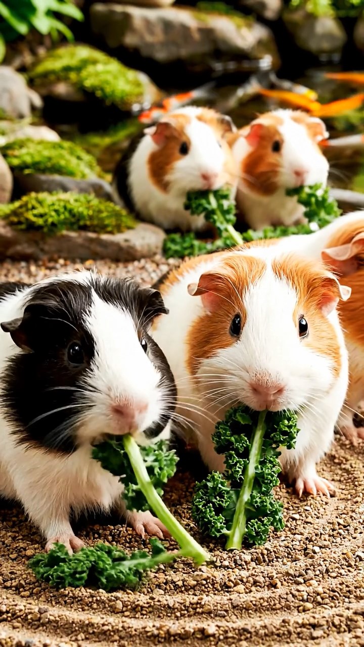 956. Realistic scene of 1 smooth-haired Californian guinea pig with Cream fur, nibbling strawberries gently, in a fragrant rose garden, under warm sunlight, capturing a vivid, lifelike romantic moment.