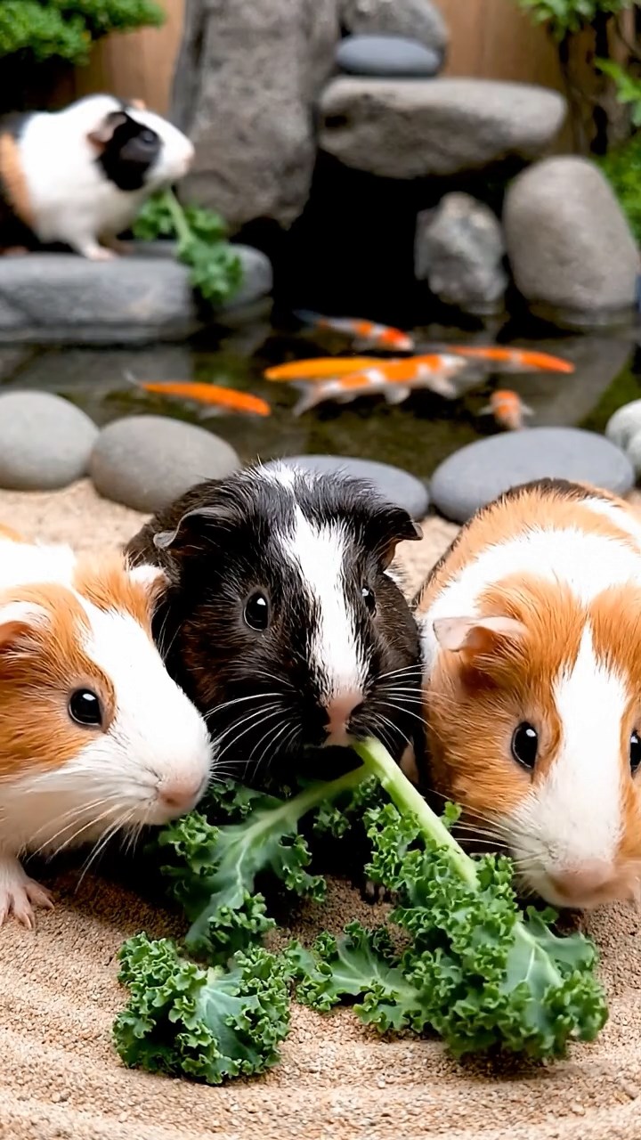 956. Realistic scene of 1 smooth-haired Californian guinea pig with Cream fur, nibbling strawberries gently, in a fragrant rose garden, under warm sunlight, capturing a vivid, lifelike romantic moment.