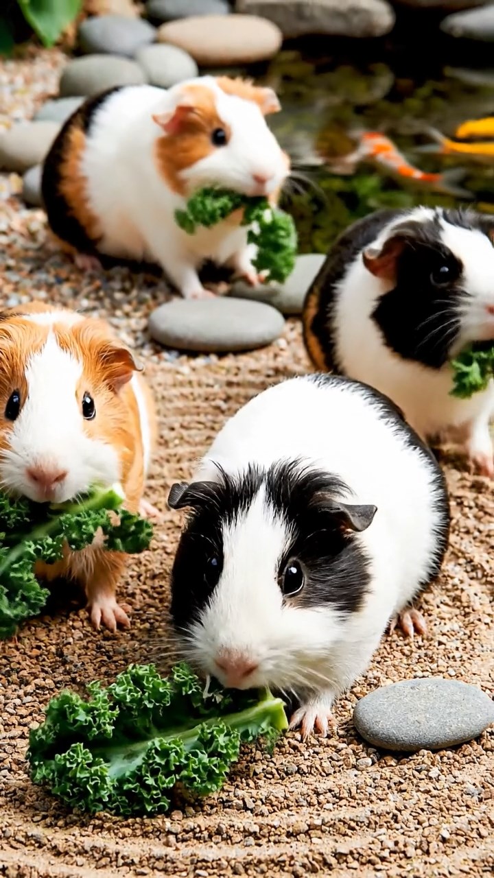 956. Realistic scene of 1 smooth-haired Californian guinea pig with Cream fur, nibbling strawberries gently, in a fragrant rose garden, under warm sunlight, capturing a vivid, lifelike romantic moment.