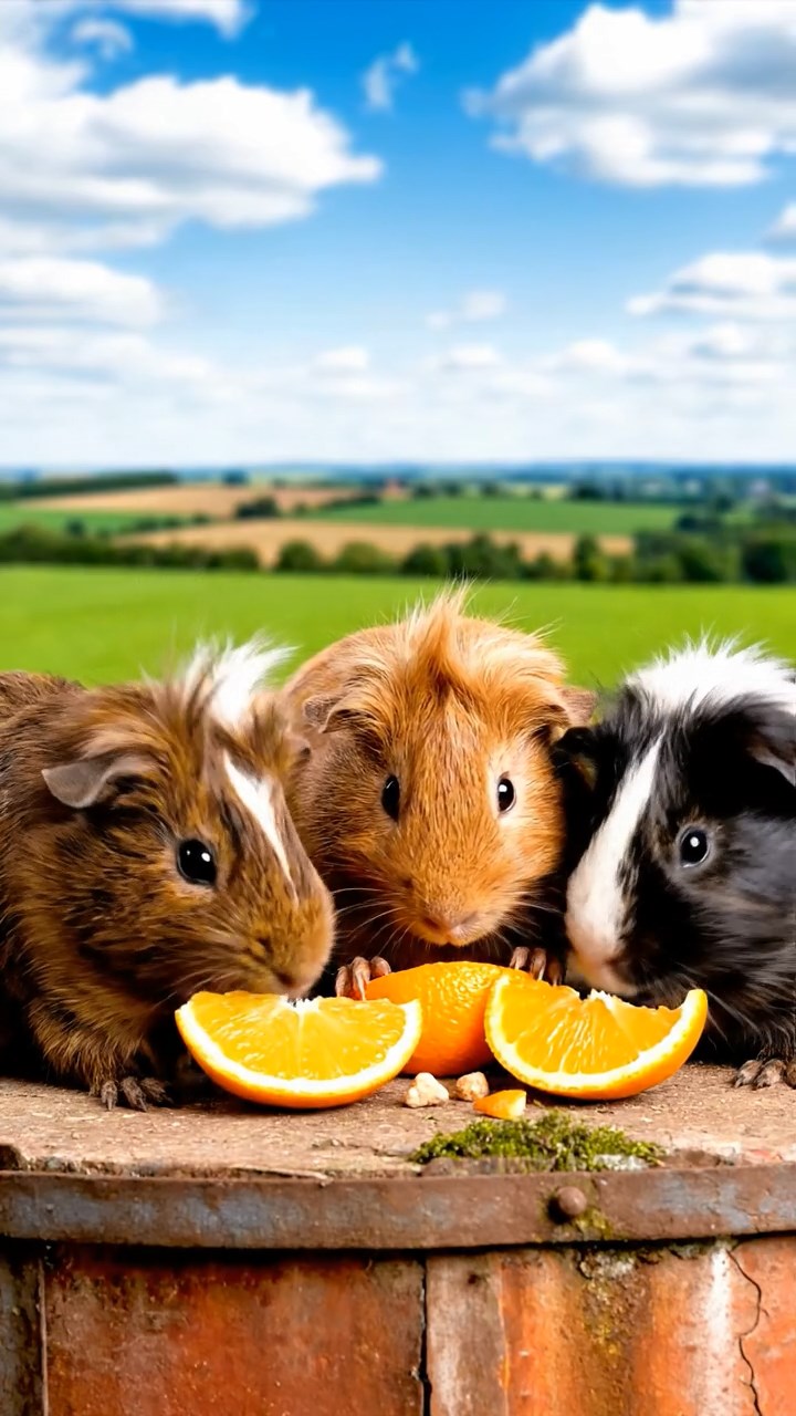 959. Highly detailed view of 4 smooth-haired Himalayan guinea pigs with White, Orange, Black, and Brown fur, dressed as writers in tiny scarves, typing poems, in a guinea pig study, under warm lamplight, creating a vivid, realistic scene.