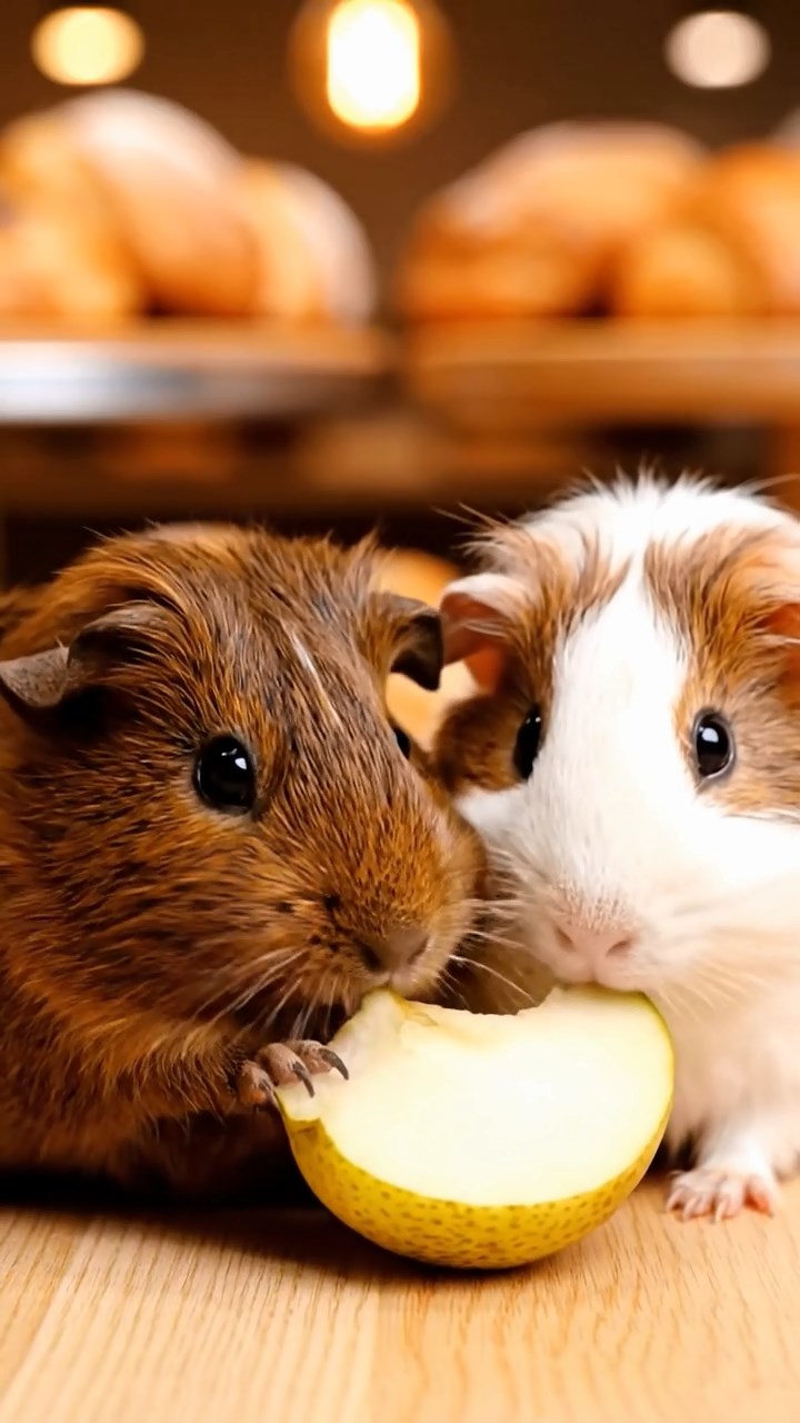 962. Photorealistic scene of 2 smooth-haired Teddy guinea pigs with Orange and Black fur, dressed as engineers in tiny helmets, building a windmill, in a guinea pig workshop, under bright daylight, enhancing the lifelike atmosphere.