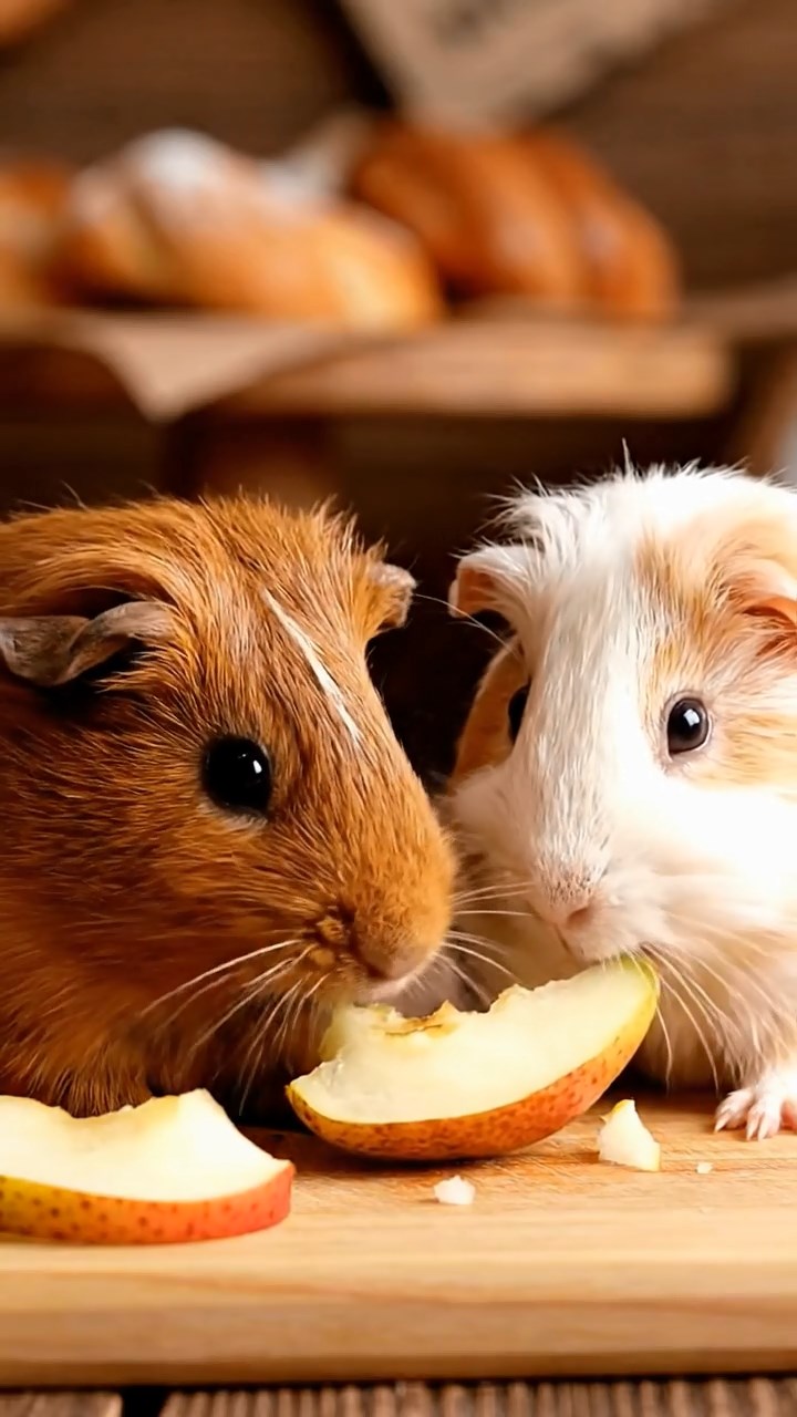962. Photorealistic scene of 2 smooth-haired Teddy guinea pigs with Orange and Black fur, dressed as engineers in tiny helmets, building a windmill, in a guinea pig workshop, under bright daylight, enhancing the lifelike atmosphere.