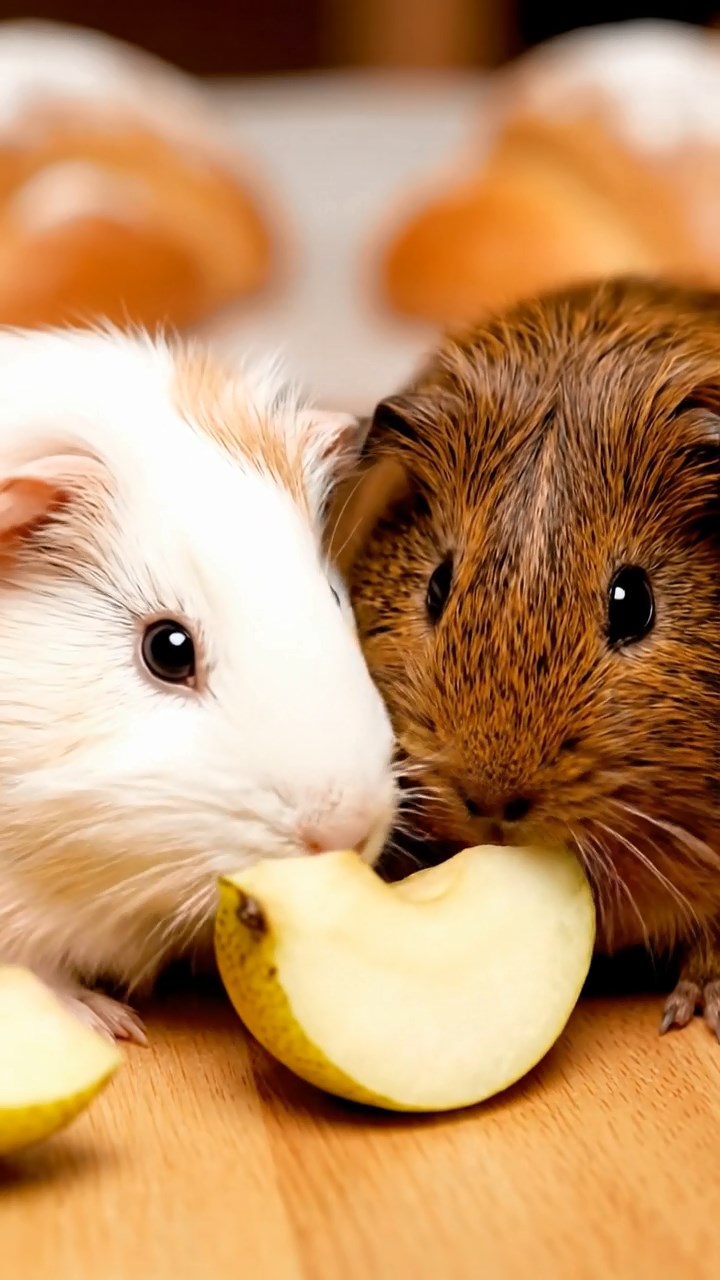 962. Photorealistic scene of 2 smooth-haired Teddy guinea pigs with Orange and Black fur, dressed as engineers in tiny helmets, building a windmill, in a guinea pig workshop, under bright daylight, enhancing the lifelike atmosphere.