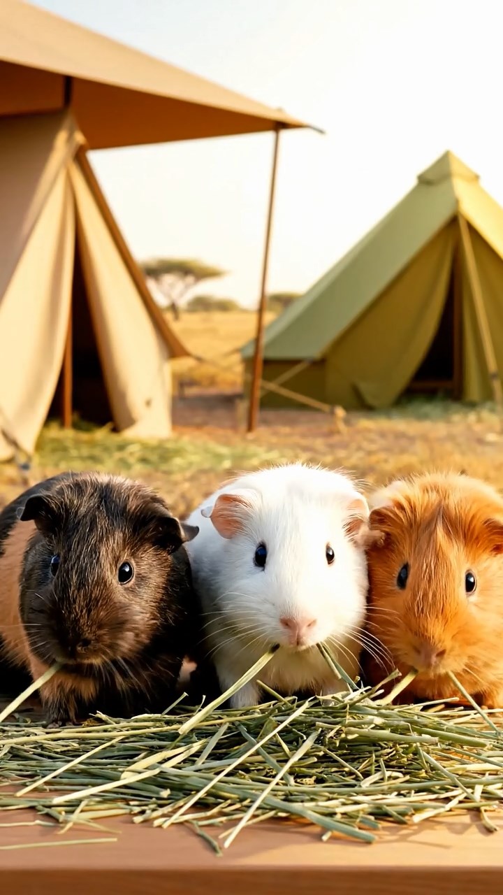 964. Realistic scene of 4 smooth-haired Californian guinea pigs with Fawn, Chocolate, Cinnamon, and Sable fur, dressed as firefighters, spraying hoses, in a guinea pig village, under glowing streetlights, capturing a heroic moment.