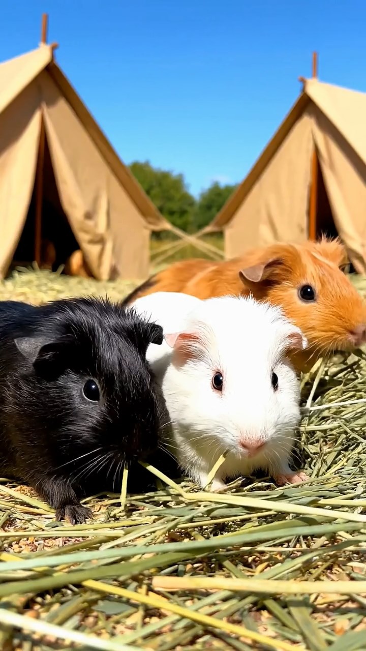 964. Realistic scene of 4 smooth-haired Californian guinea pigs with Fawn, Chocolate, Cinnamon, and Sable fur, dressed as firefighters, spraying hoses, in a guinea pig village, under glowing streetlights, capturing a heroic moment.