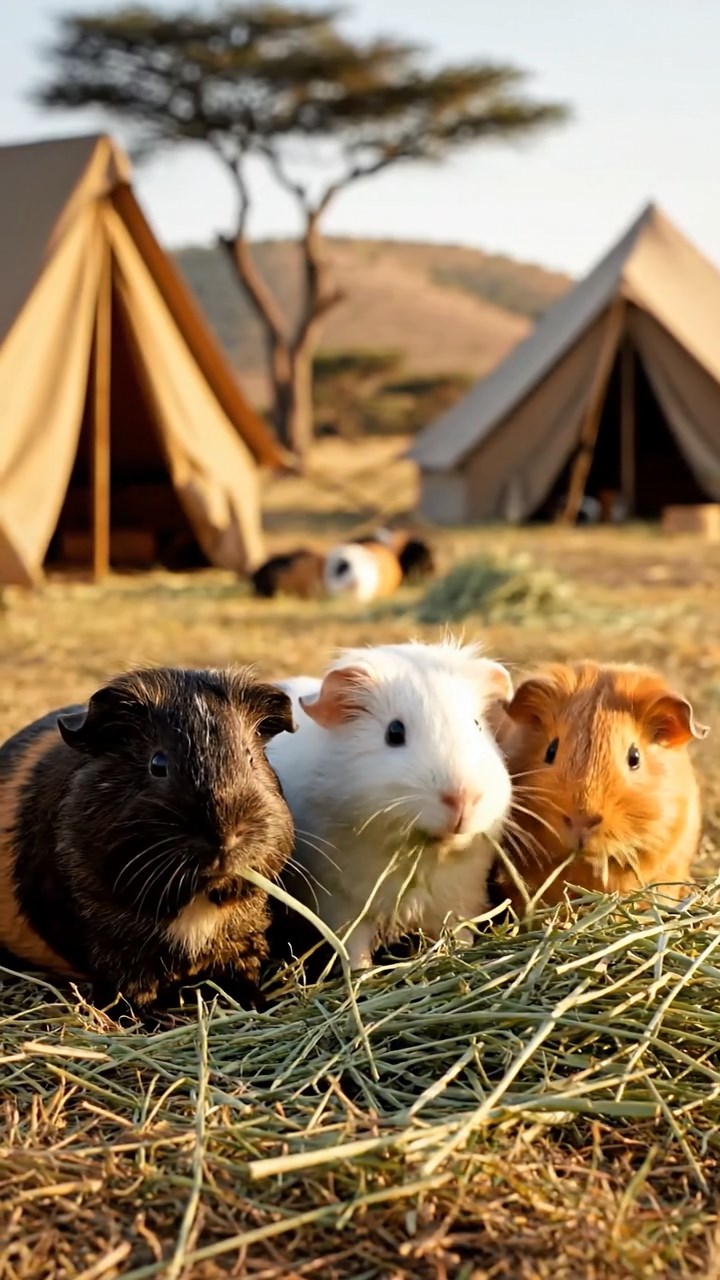 964. Realistic scene of 4 smooth-haired Californian guinea pigs with Fawn, Chocolate, Cinnamon, and Sable fur, dressed as firefighters, spraying hoses, in a guinea pig village, under glowing streetlights, capturing a heroic moment.