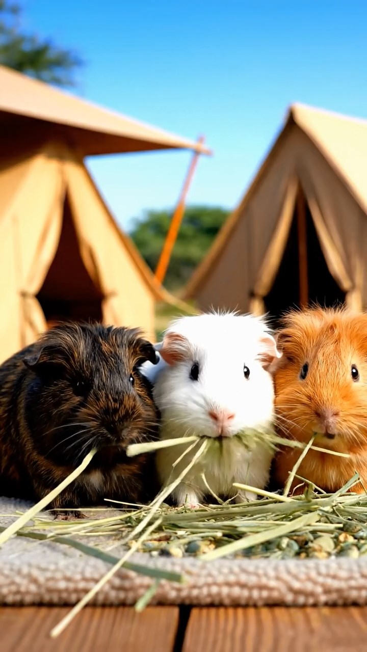 964. Realistic scene of 4 smooth-haired Californian guinea pigs with Fawn, Chocolate, Cinnamon, and Sable fur, dressed as firefighters, spraying hoses, in a guinea pig village, under glowing streetlights, capturing a heroic moment.