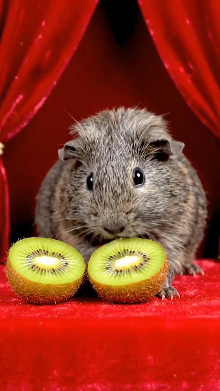 965. Detailed photo of 5 smooth-haired American guinea pigs with White, Orange, Gray, Black, and Brown fur, foraging clover with quick nibbles, in a lush meadow, under soft morning light, creating a realistic scene.