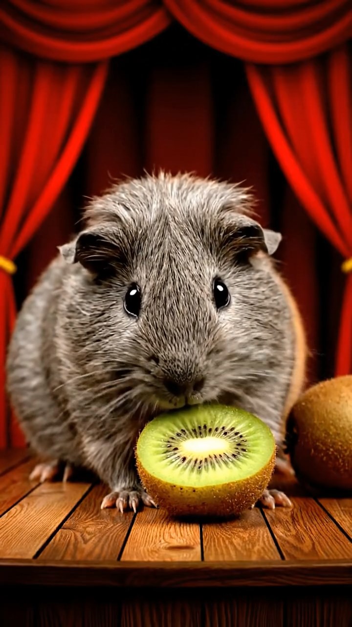 965. Detailed photo of 5 smooth-haired American guinea pigs with White, Orange, Gray, Black, and Brown fur, foraging clover with quick nibbles, in a lush meadow, under soft morning light, creating a realistic scene.