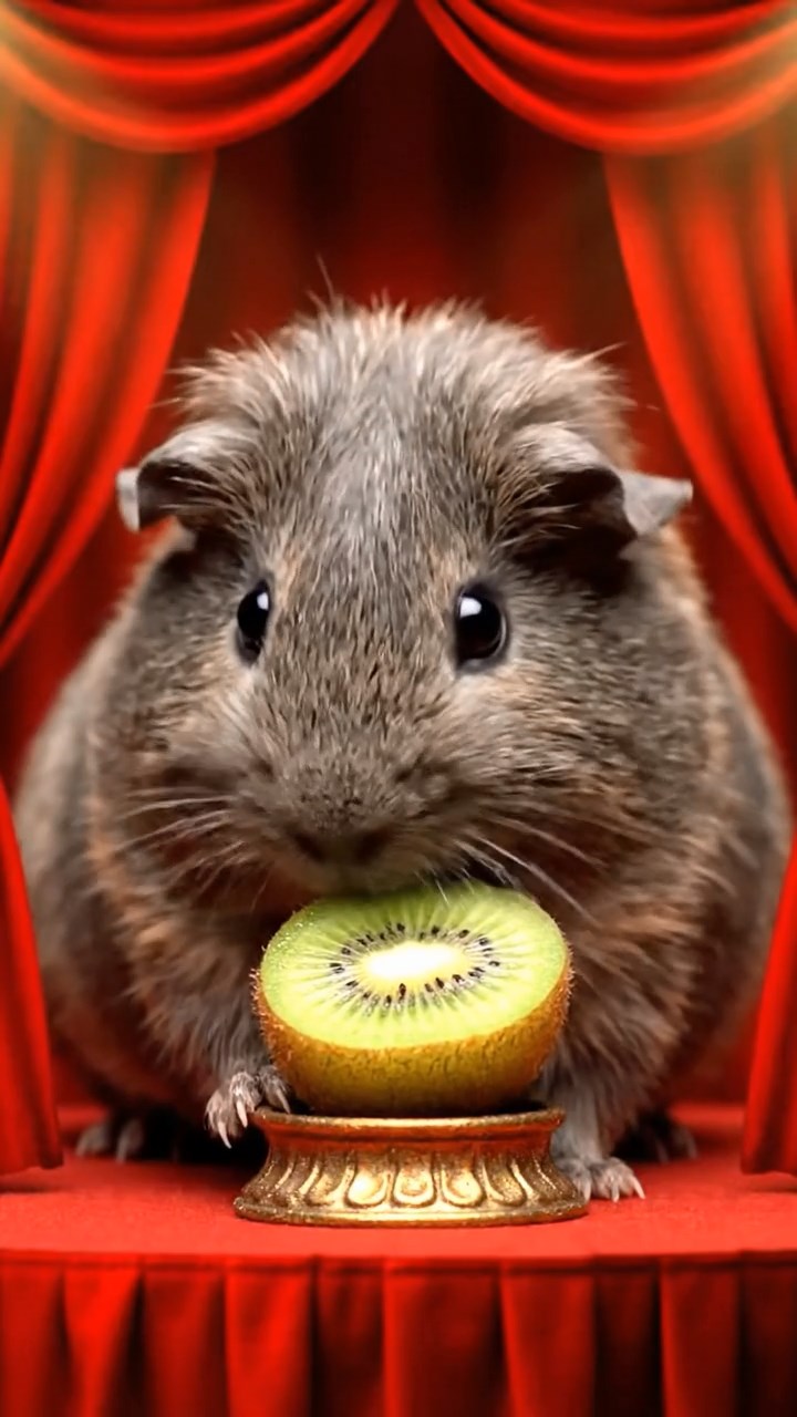 965. Detailed photo of 5 smooth-haired American guinea pigs with White, Orange, Gray, Black, and Brown fur, foraging clover with quick nibbles, in a lush meadow, under soft morning light, creating a realistic scene.