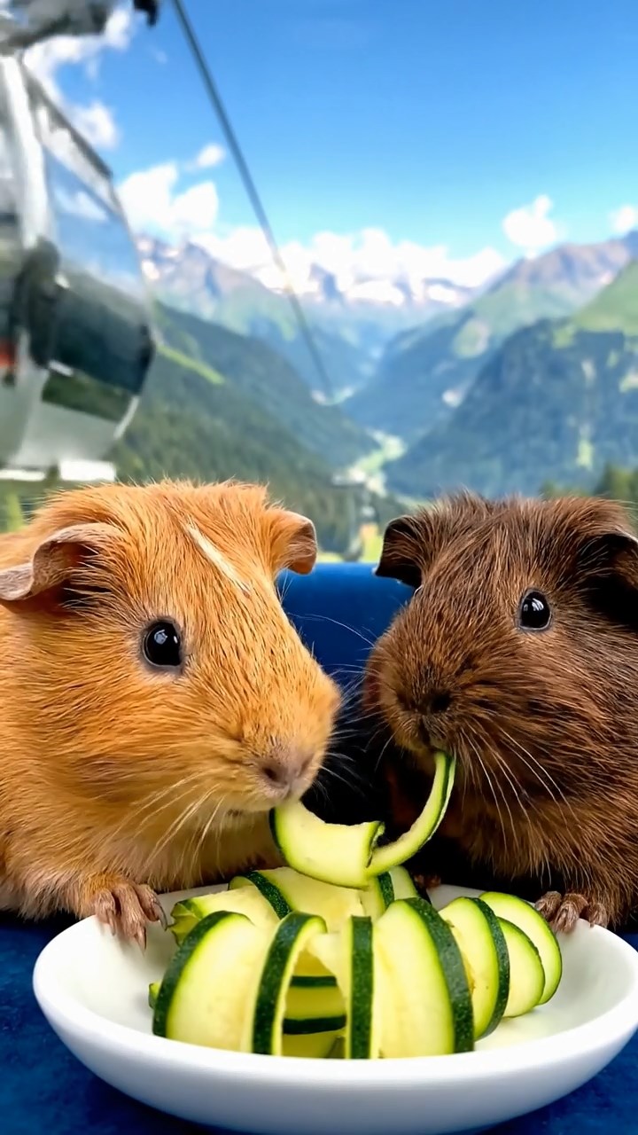 967. Highly detailed view of 2 smooth-haired Himalayan guinea pigs with Fawn and Sable fur, dressed as musicians, strumming guitars, in a guinea pig concert hall, under warm spotlights, creating a realistic scene.