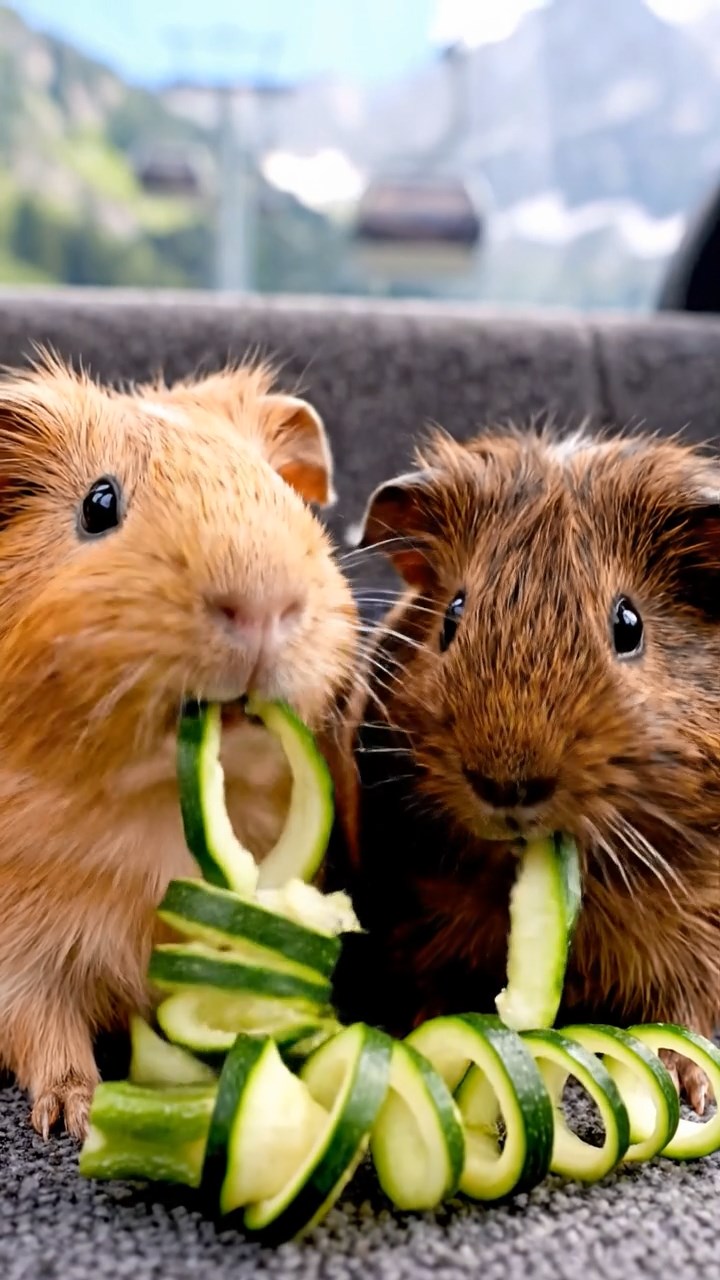 967. Highly detailed view of 2 smooth-haired Himalayan guinea pigs with Fawn and Sable fur, dressed as musicians, strumming guitars, in a guinea pig concert hall, under warm spotlights, creating a realistic scene.
