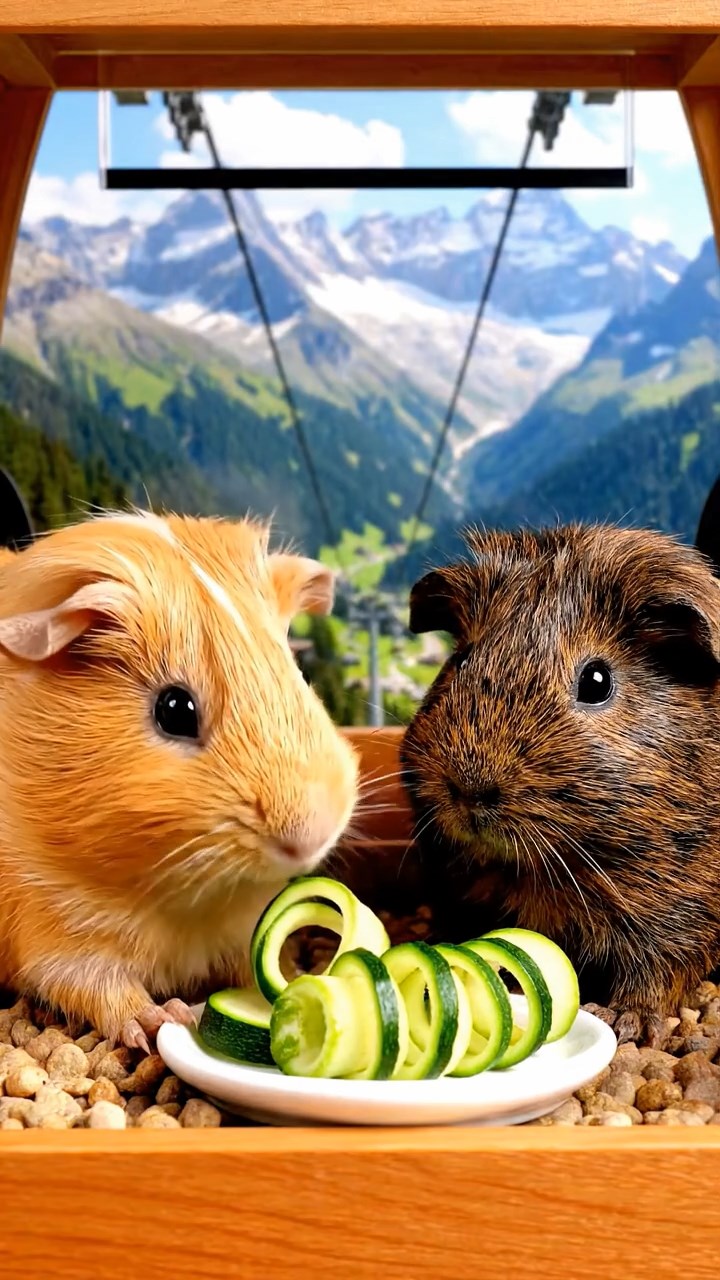 967. Highly detailed view of 2 smooth-haired Himalayan guinea pigs with Fawn and Sable fur, dressed as musicians, strumming guitars, in a guinea pig concert hall, under warm spotlights, creating a realistic scene.