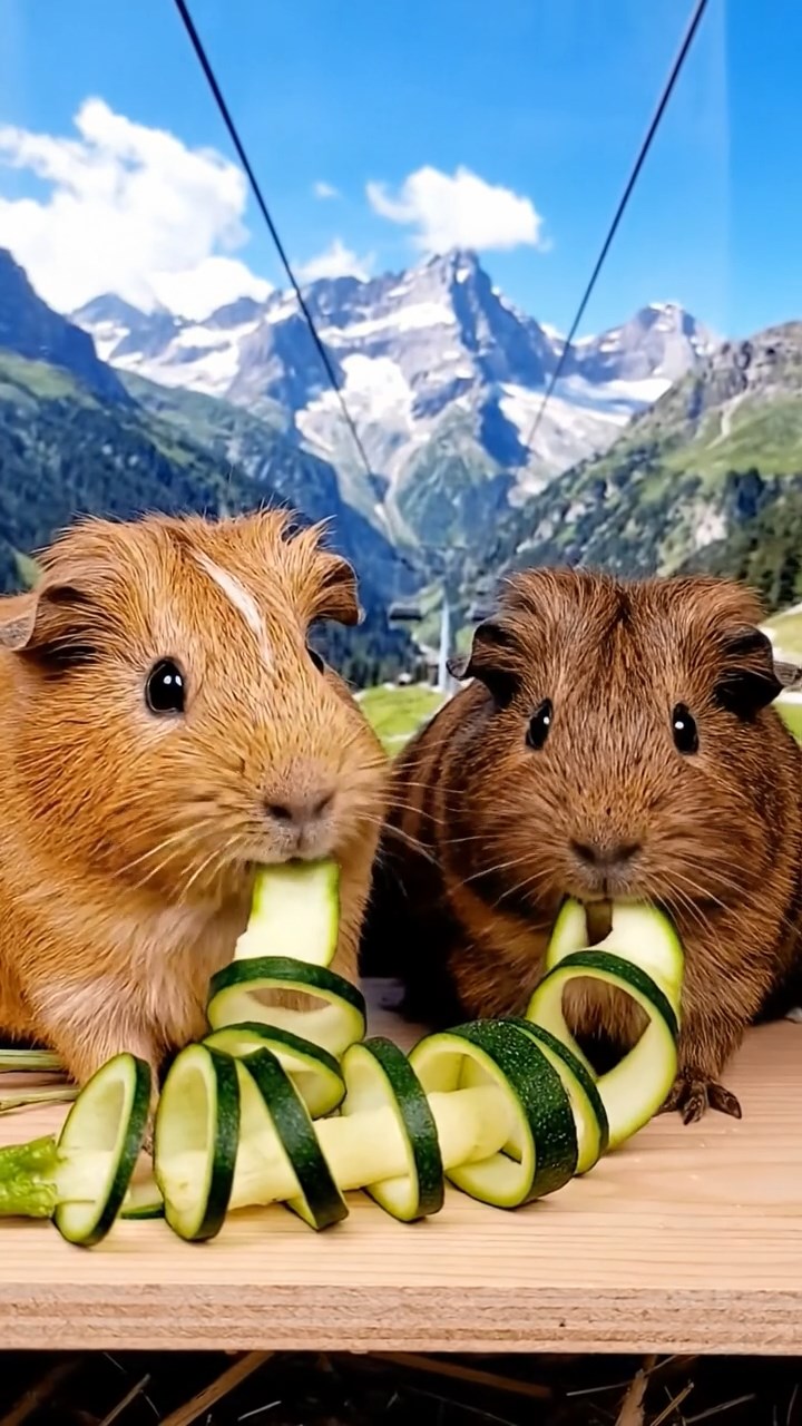 967. Highly detailed view of 2 smooth-haired Himalayan guinea pigs with Fawn and Sable fur, dressed as musicians, strumming guitars, in a guinea pig concert hall, under warm spotlights, creating a realistic scene.