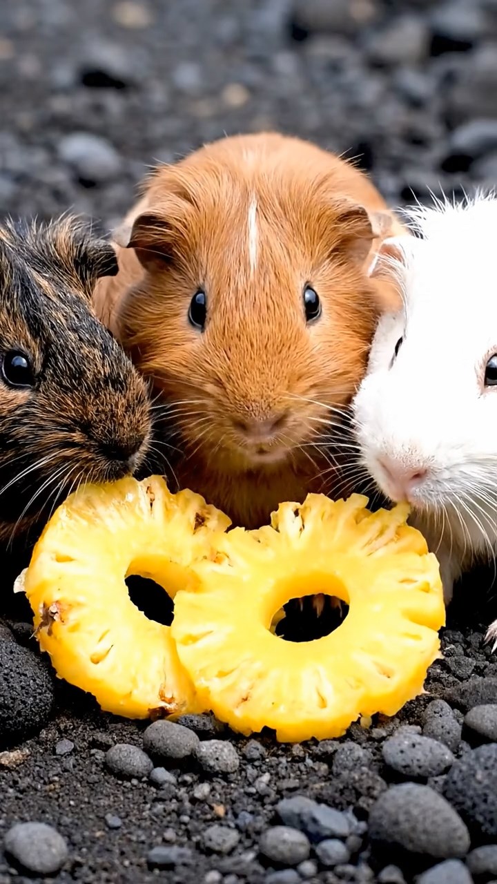 968. Realistic scene of 3 smooth-haired Californian guinea pigs with Chocolate, Cinnamon, and Gray fur, grooming with gentle licks, in a lush meadow, under golden sunlight, enhancing the social atmosphere.