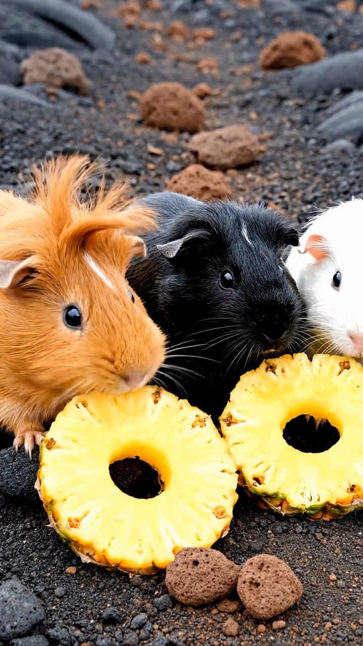 968. Realistic scene of 3 smooth-haired Californian guinea pigs with Chocolate, Cinnamon, and Gray fur, grooming with gentle licks, in a lush meadow, under golden sunlight, enhancing the social atmosphere.