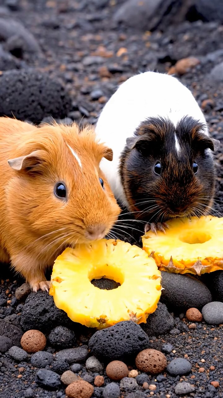 968. Realistic scene of 3 smooth-haired Californian guinea pigs with Chocolate, Cinnamon, and Gray fur, grooming with gentle licks, in a lush meadow, under golden sunlight, enhancing the social atmosphere.