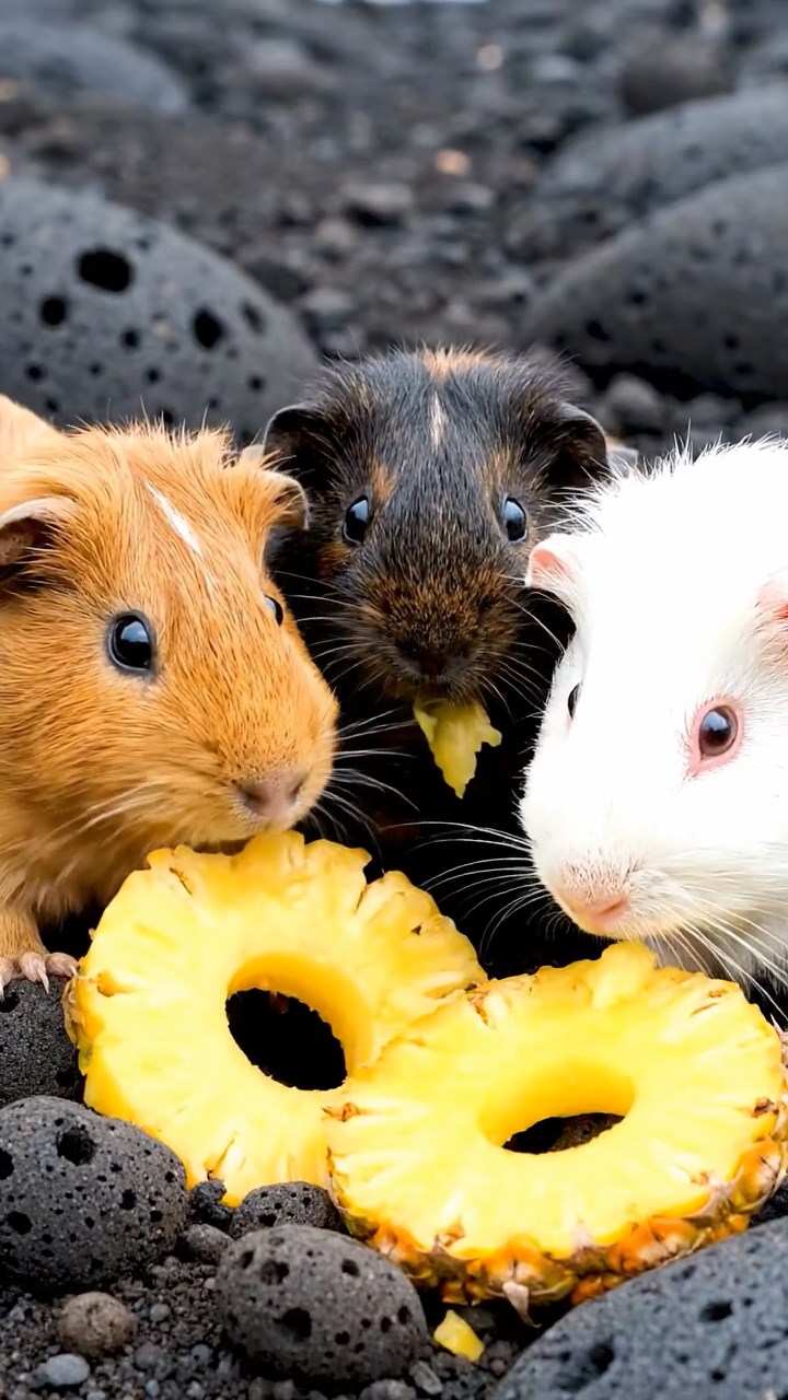 968. Realistic scene of 3 smooth-haired Californian guinea pigs with Chocolate, Cinnamon, and Gray fur, grooming with gentle licks, in a lush meadow, under golden sunlight, enhancing the social atmosphere.