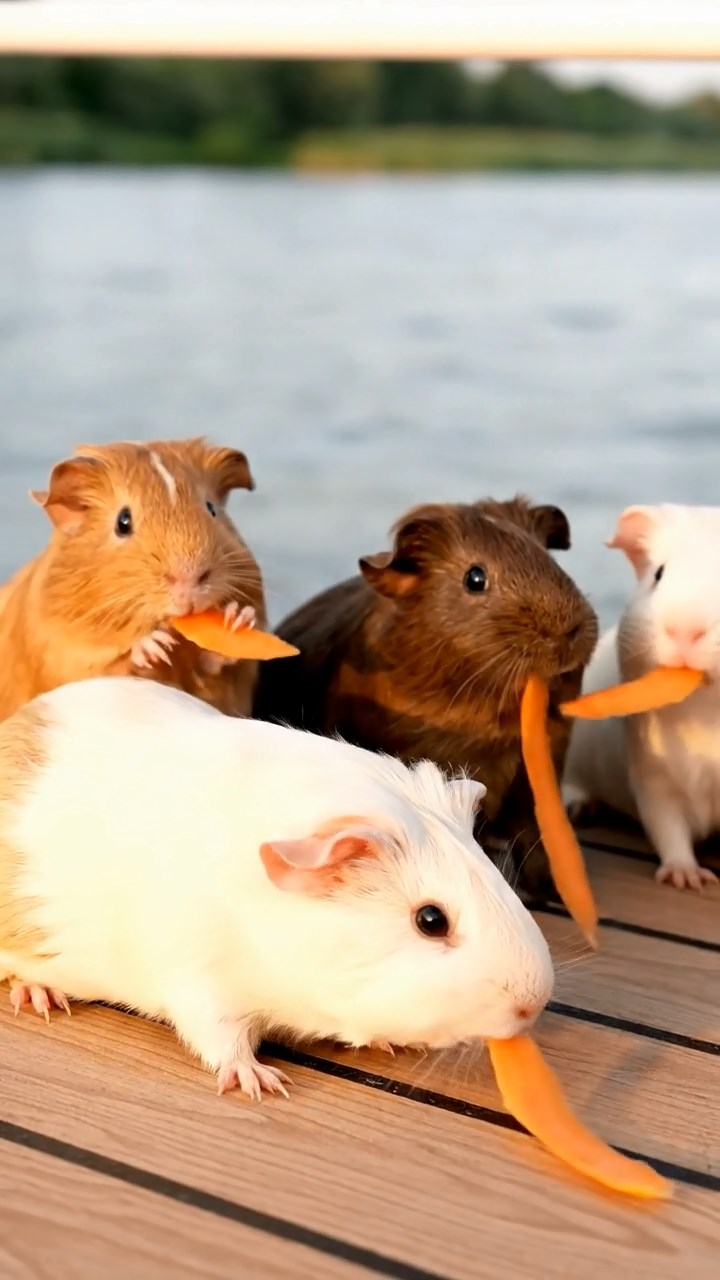 971. Highly detailed view of 1 smooth-haired Himalayan guinea pig with White fur, munching bell peppers, in a vibrant vegetable garden, under bright sunlight, creating a colorful scene.