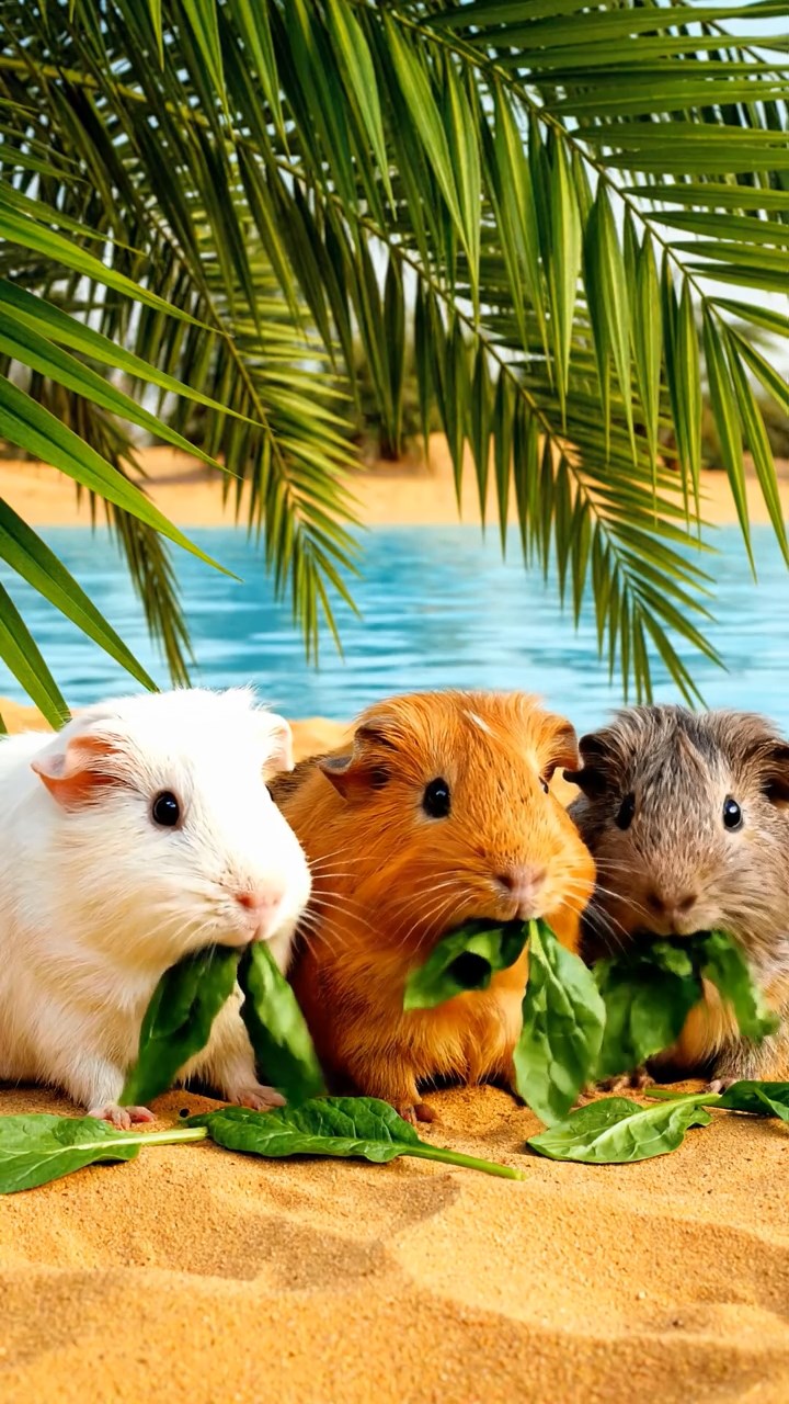 973. Detailed photo of 3 smooth-haired American guinea pigs with Gray, Cream, and Brown fur, burrowing with rapid digging, in a sandy dune, under a golden sunset, creating a realistic scene.