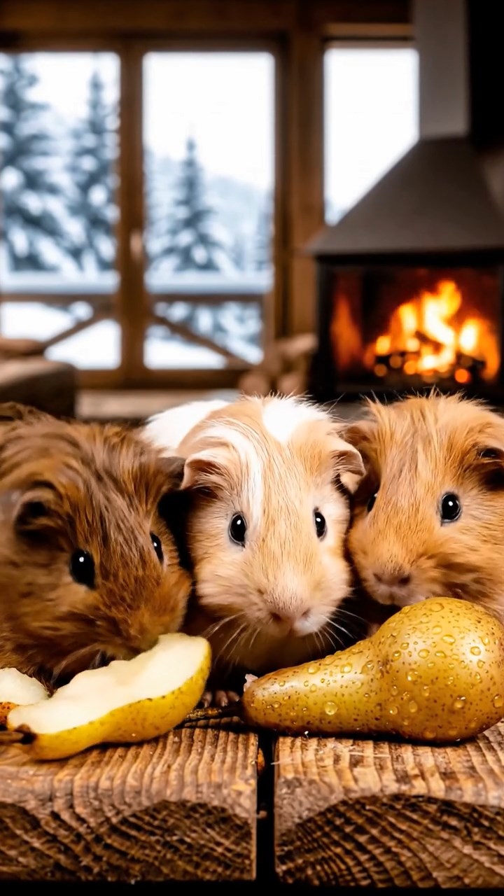 975. Highly detailed view of 5 smooth-haired Himalayan guinea pigs with White, Orange, Gray, Black, and Brown fur, foraging herbs, in a lush meadow, under soft morning light, creating a serene scene.