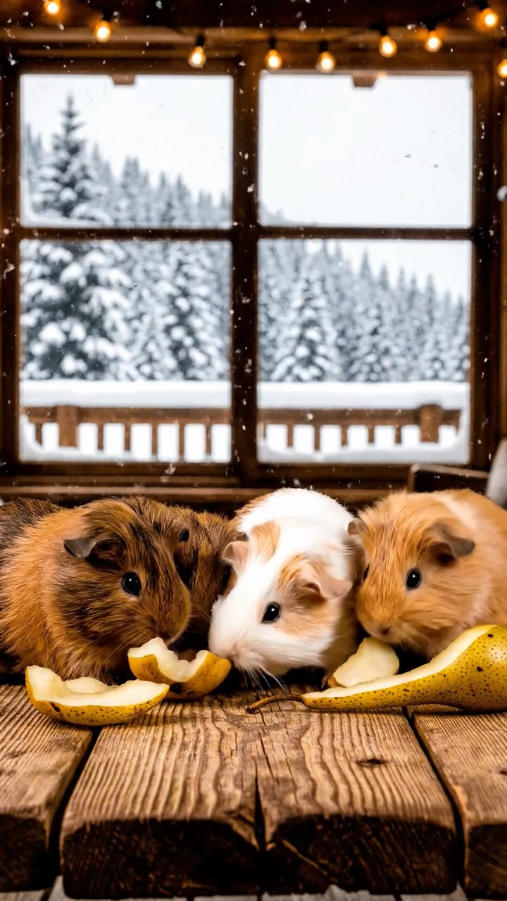 975. Highly detailed view of 5 smooth-haired Himalayan guinea pigs with White, Orange, Gray, Black, and Brown fur, foraging herbs, in a lush meadow, under soft morning light, creating a serene scene.