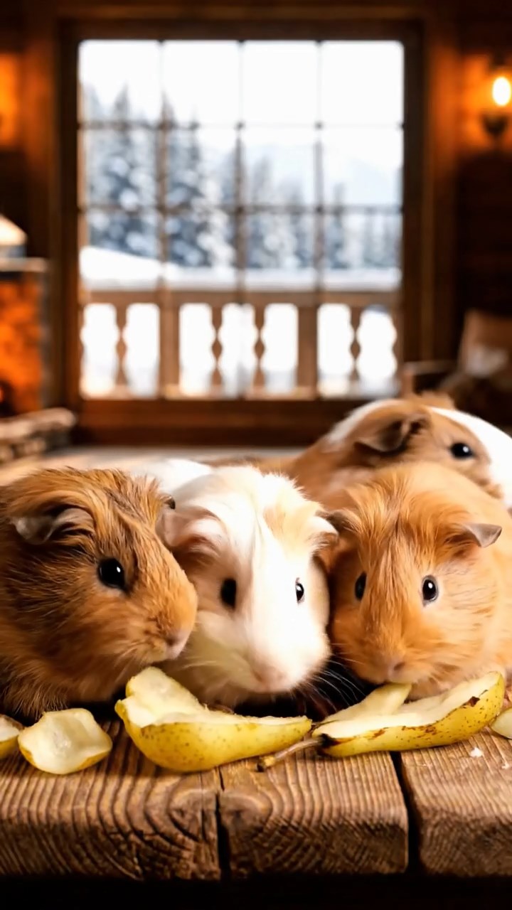 975. Highly detailed view of 5 smooth-haired Himalayan guinea pigs with White, Orange, Gray, Black, and Brown fur, foraging herbs, in a lush meadow, under soft morning light, creating a serene scene.