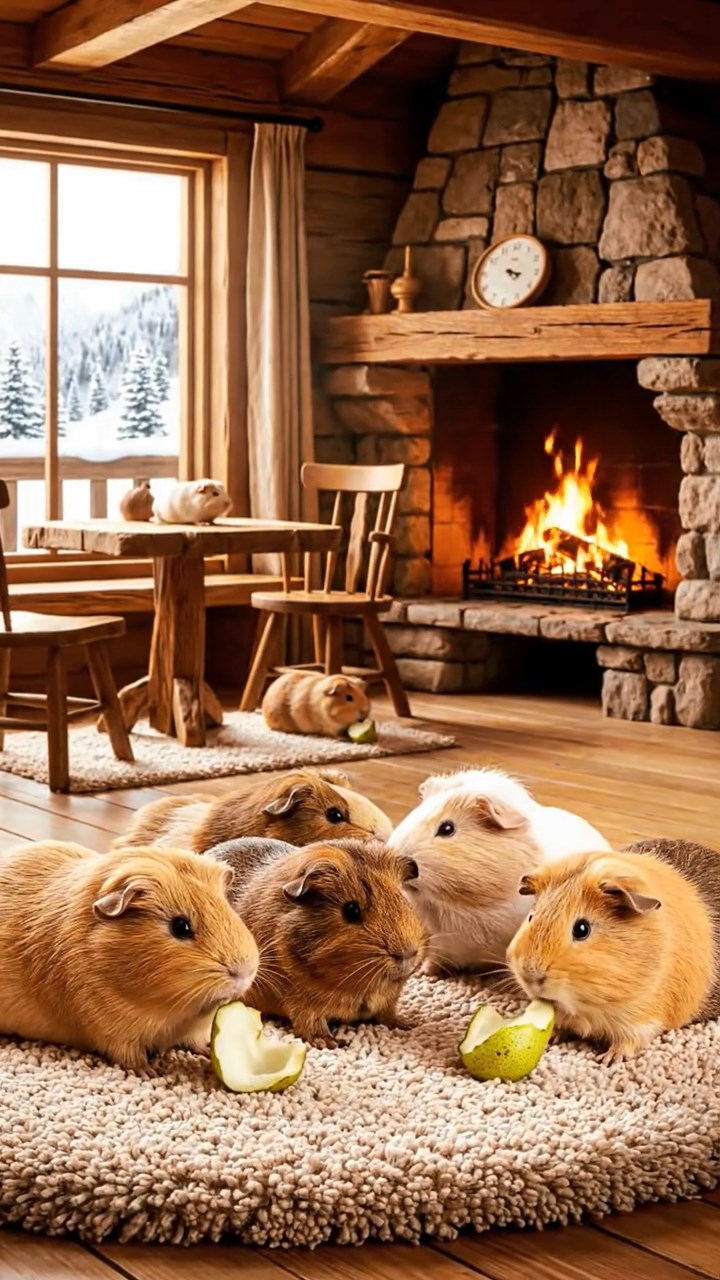 975. Highly detailed view of 5 smooth-haired Himalayan guinea pigs with White, Orange, Gray, Black, and Brown fur, foraging herbs, in a lush meadow, under soft morning light, creating a serene scene.