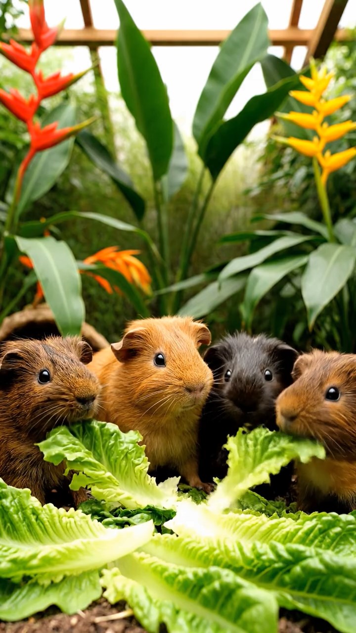 976. Realistic scene of 1 smooth-haired Californian guinea pig with Cream fur, nibbling strawberries, in a rose garden, under warm sunlight, capturing a lifelike romantic moment.