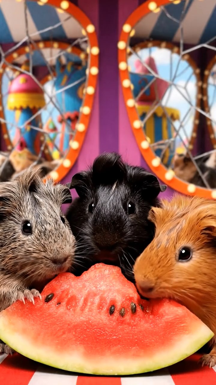 978. Photorealistic scene of 3 smooth-haired Teddy guinea pigs with Chocolate, Cinnamon, and Gray fur, climbing rocks, in a forested glade, under dappled sunlight, enhancing the adventurous atmosphere.