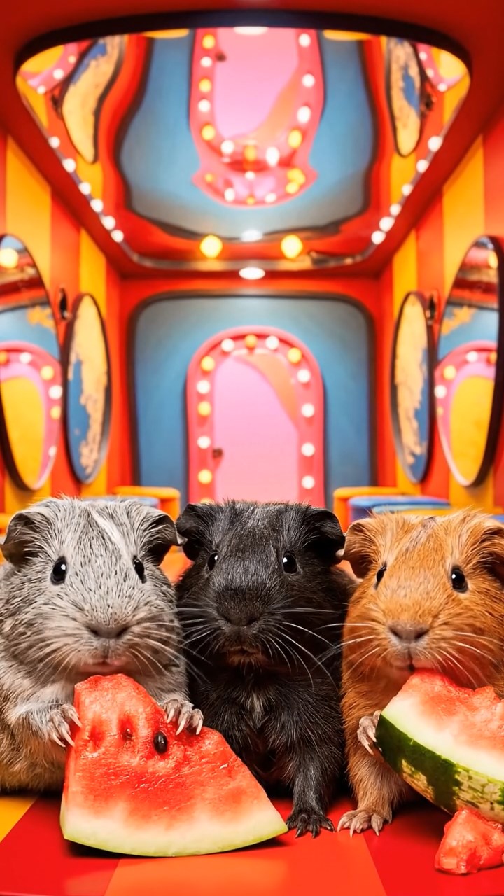 978. Photorealistic scene of 3 smooth-haired Teddy guinea pigs with Chocolate, Cinnamon, and Gray fur, climbing rocks, in a forested glade, under dappled sunlight, enhancing the adventurous atmosphere.