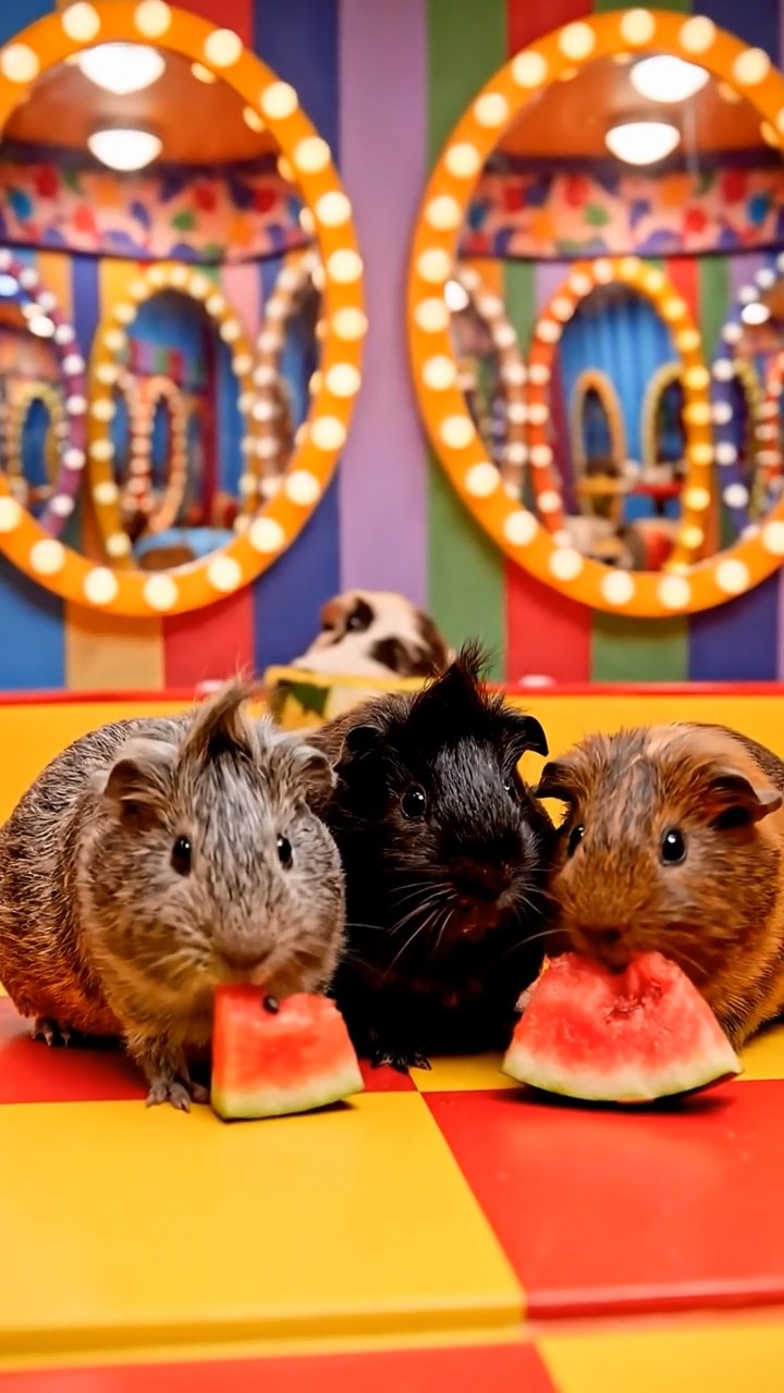978. Photorealistic scene of 3 smooth-haired Teddy guinea pigs with Chocolate, Cinnamon, and Gray fur, climbing rocks, in a forested glade, under dappled sunlight, enhancing the adventurous atmosphere.