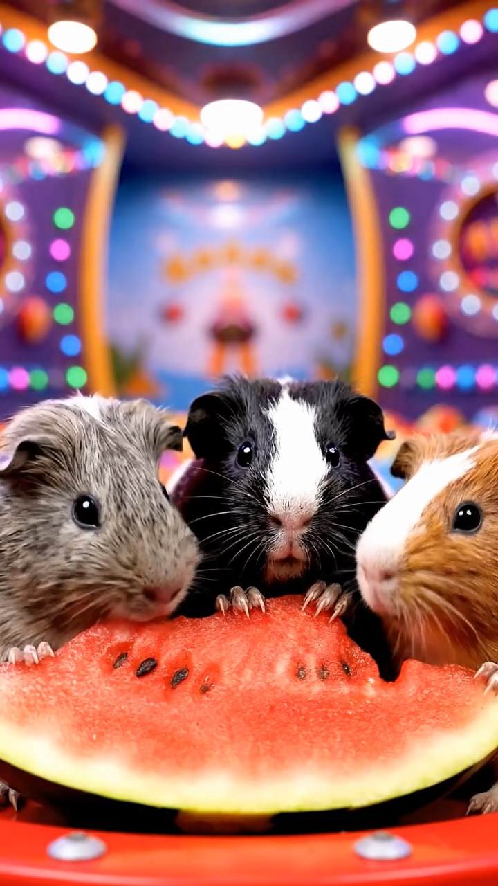 978. Photorealistic scene of 3 smooth-haired Teddy guinea pigs with Chocolate, Cinnamon, and Gray fur, climbing rocks, in a forested glade, under dappled sunlight, enhancing the adventurous atmosphere.