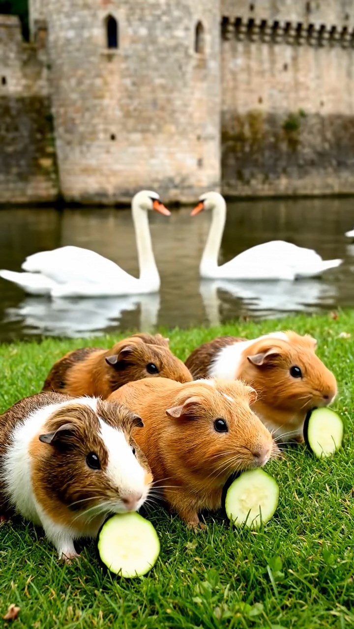 983. Highly detailed view of 3 smooth-haired Himalayan guinea pigs with Gray, Cream, and Brown fur, mating gently, in a grassy clearing, under gentle morning light, creating an intimate scene.
