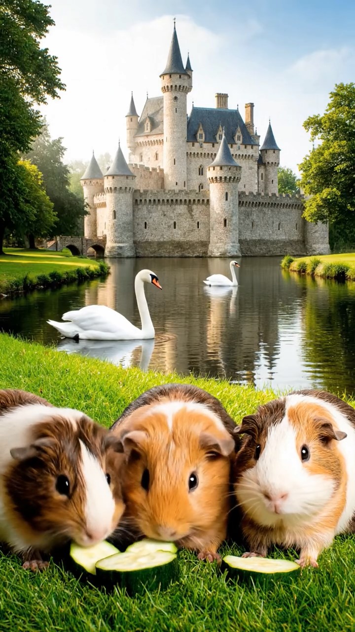 983. Highly detailed view of 3 smooth-haired Himalayan guinea pigs with Gray, Cream, and Brown fur, mating gently, in a grassy clearing, under gentle morning light, creating an intimate scene.