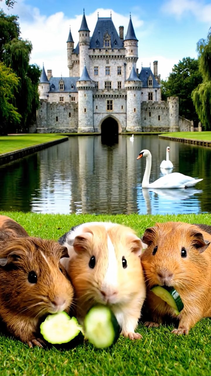 983. Highly detailed view of 3 smooth-haired Himalayan guinea pigs with Gray, Cream, and Brown fur, mating gently, in a grassy clearing, under gentle morning light, creating an intimate scene.