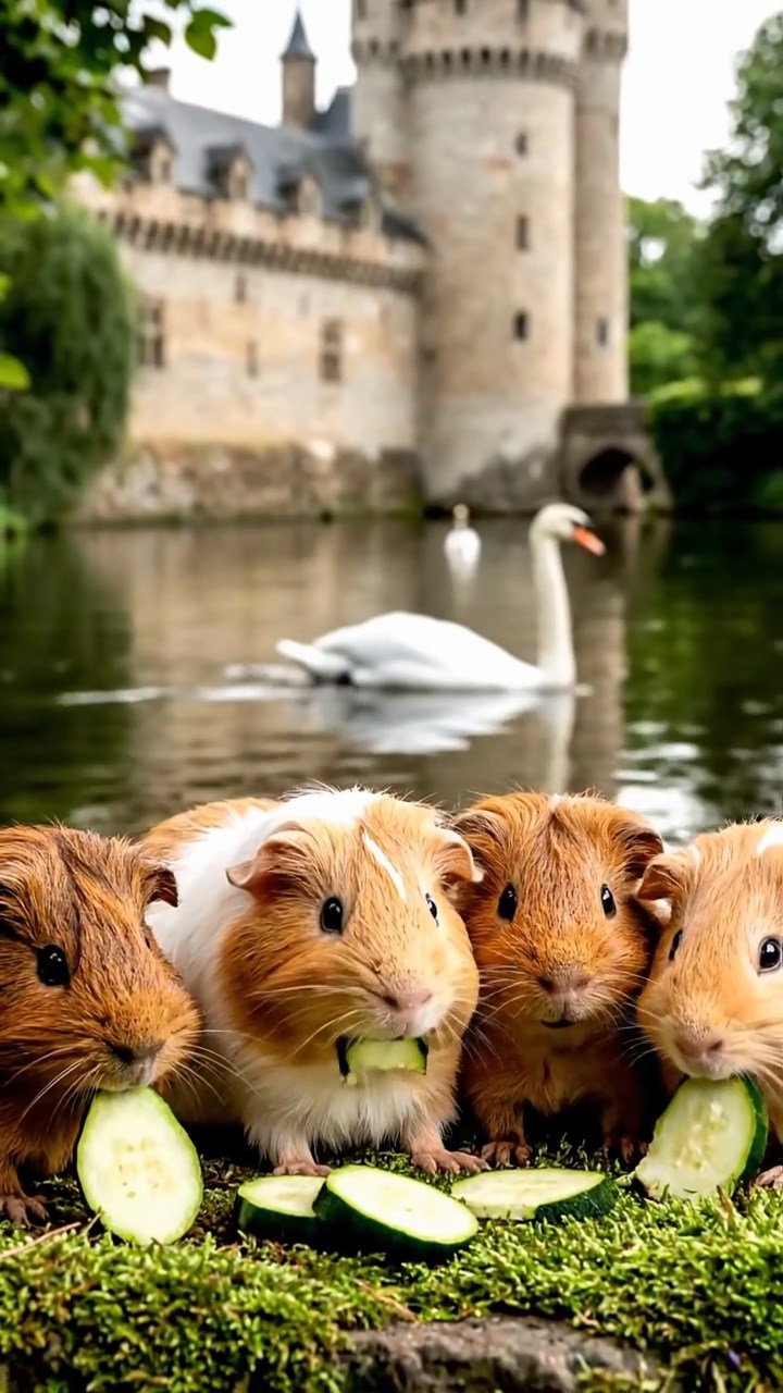 983. Highly detailed view of 3 smooth-haired Himalayan guinea pigs with Gray, Cream, and Brown fur, mating gently, in a grassy clearing, under gentle morning light, creating an intimate scene.