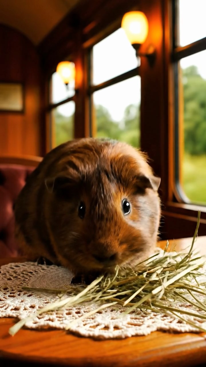 984. Realistic scene of 4 smooth-haired Californian guinea pigs with Fawn, Chocolate, Cinnamon, and Sable fur, dressed as firefighters, spraying hoses, in a guinea pig village, under glowing streetlights, capturing a heroic moment.