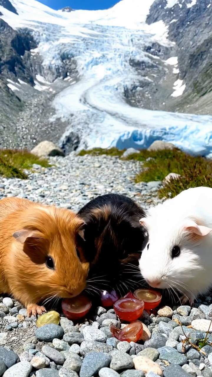985. Detailed photo of 5 smooth-haired American guinea pigs with White, Orange, Gray, Black, and Brown fur, foraging clover, in a lush meadow, under soft morning light, creating a serene scene.