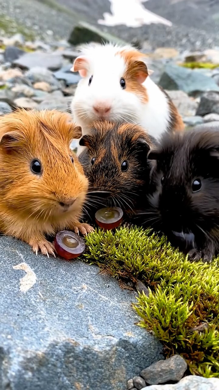 985. Detailed photo of 5 smooth-haired American guinea pigs with White, Orange, Gray, Black, and Brown fur, foraging clover, in a lush meadow, under soft morning light, creating a serene scene.