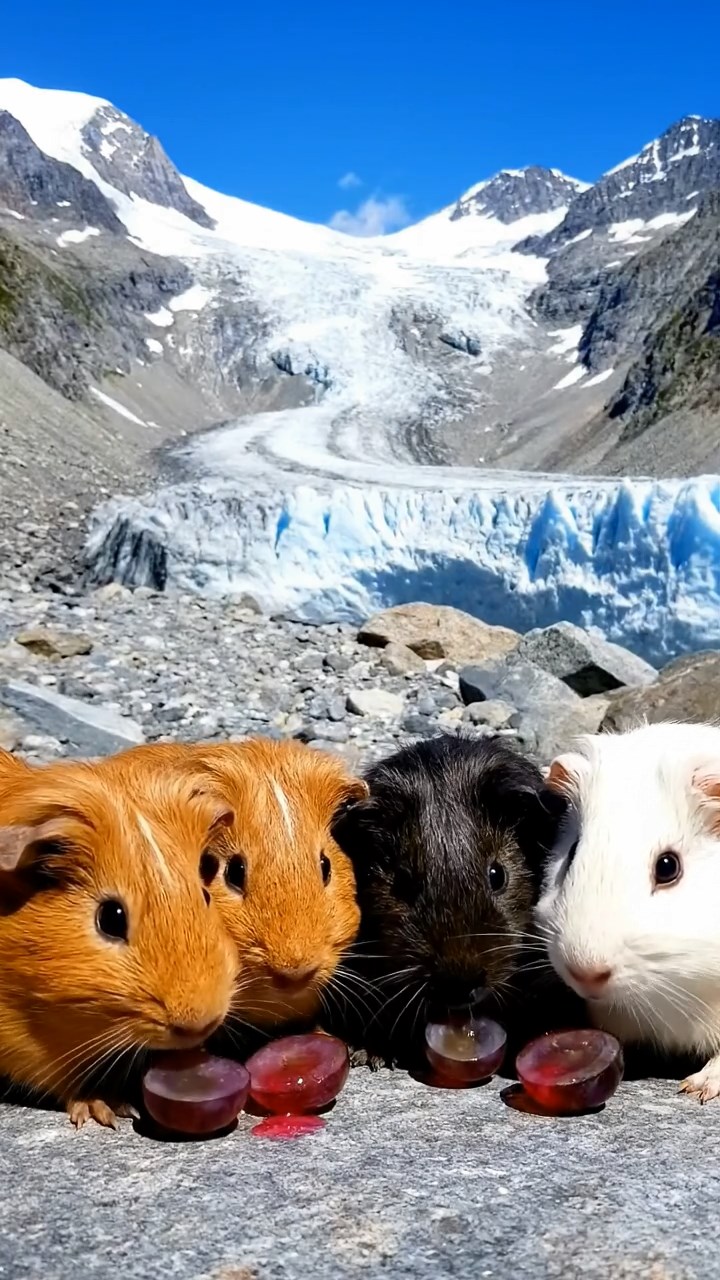985. Detailed photo of 5 smooth-haired American guinea pigs with White, Orange, Gray, Black, and Brown fur, foraging clover, in a lush meadow, under soft morning light, creating a serene scene.