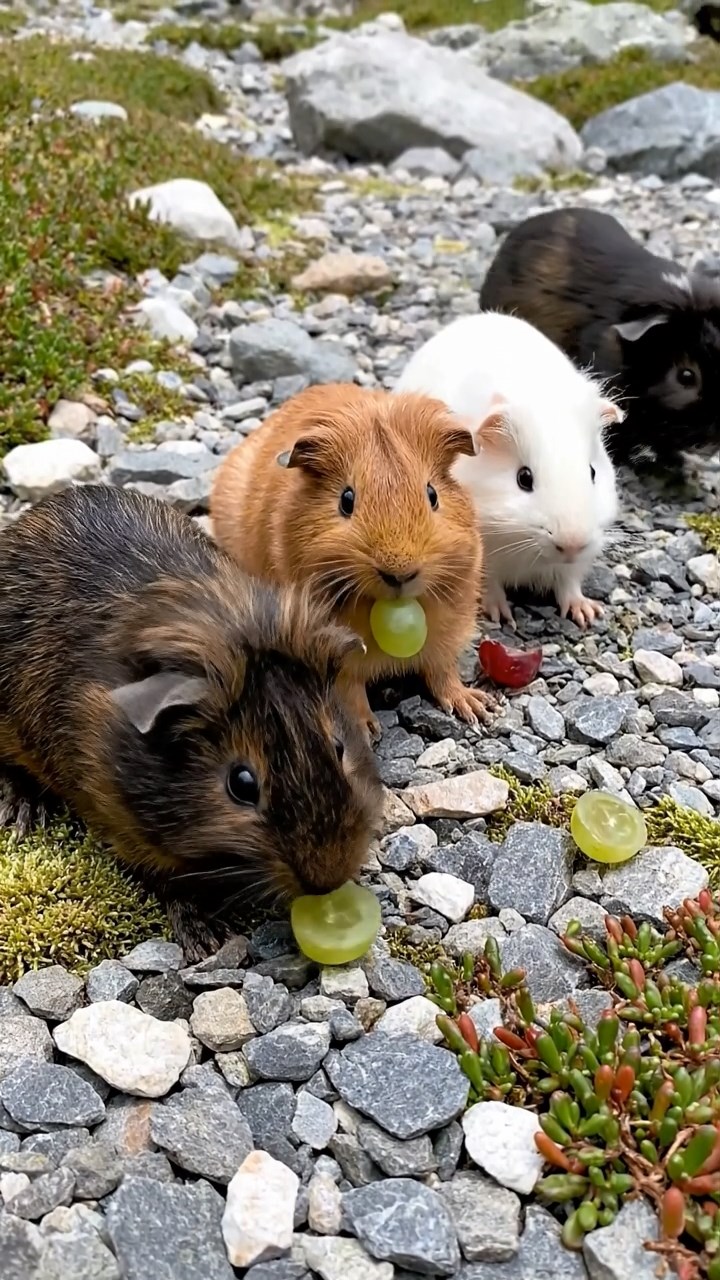 985. Detailed photo of 5 smooth-haired American guinea pigs with White, Orange, Gray, Black, and Brown fur, foraging clover, in a lush meadow, under soft morning light, creating a serene scene.